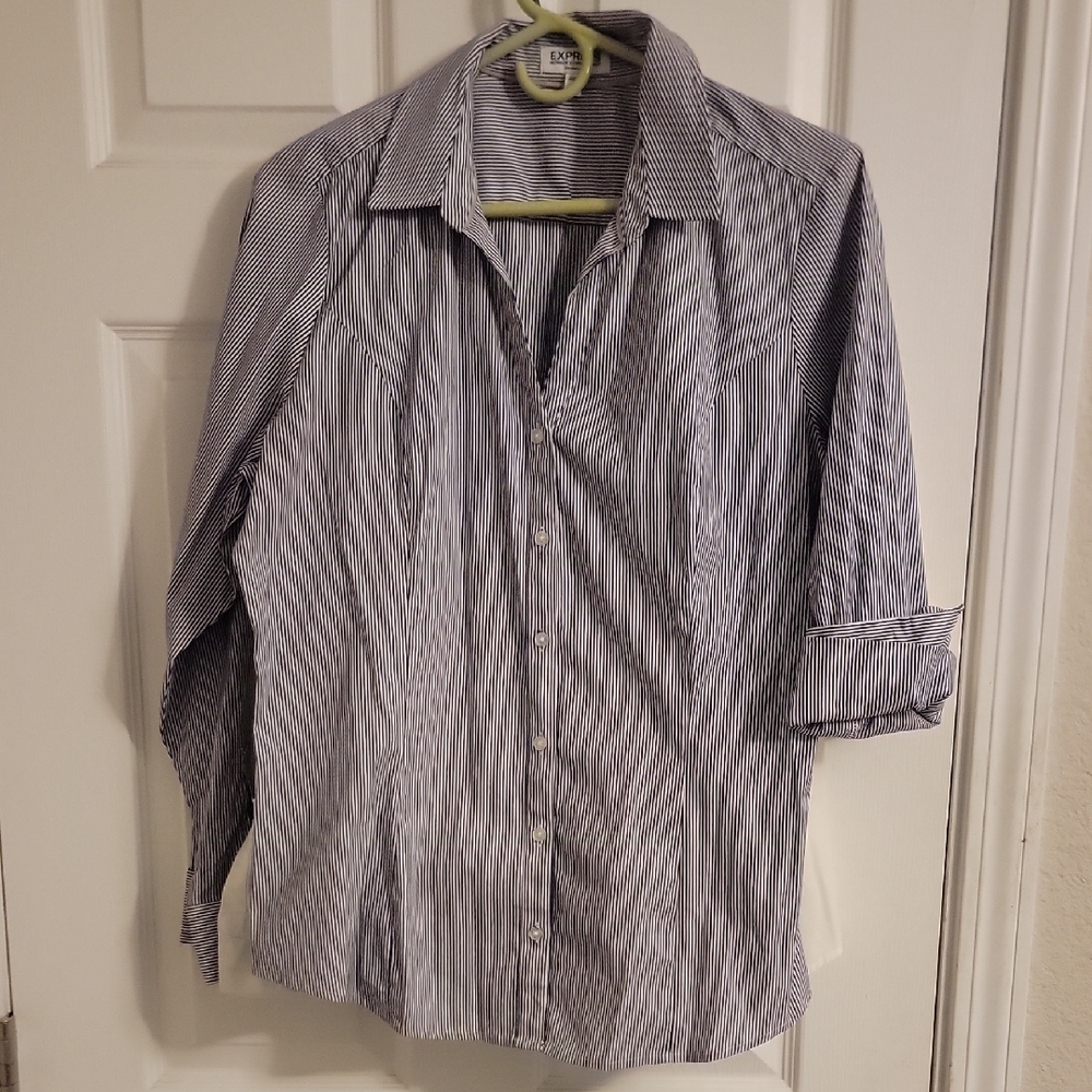 Express Women's Navy and White Striped Button Down Shirt